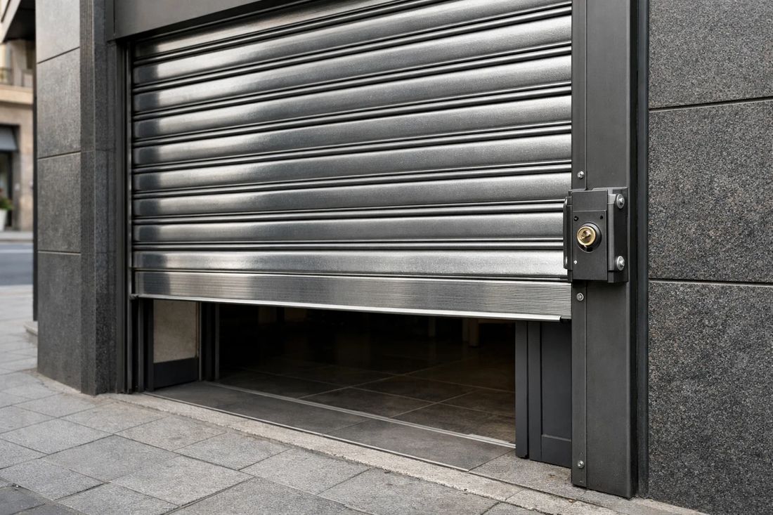 Cierre metálico enrollable con cerradura de seguridad en entrada de local