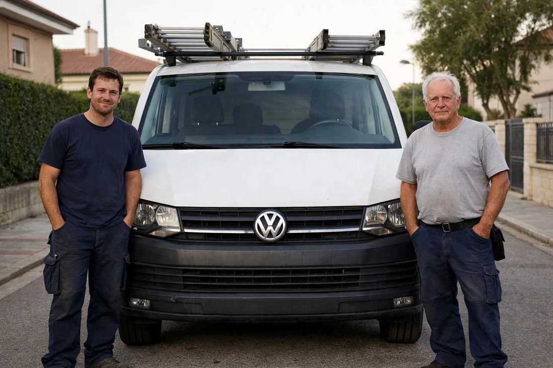 Dos técnicos persianistas junto a la furgoneta de servicio en una calle residencial de Terrassa