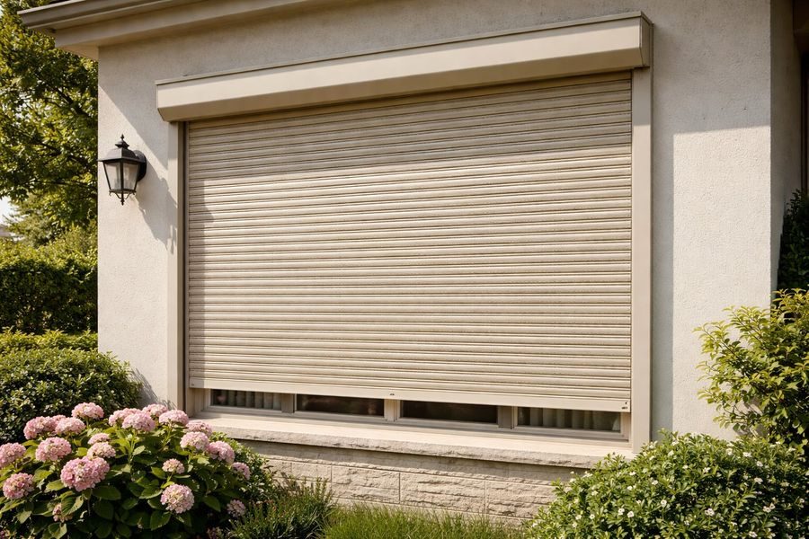 Persiana enrollable de aluminio blanco recién instalada en fachada