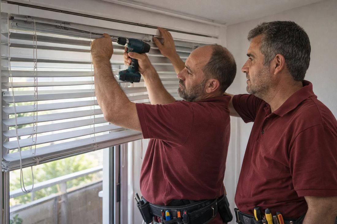 Instaladores fijando soportes de persiana nueva en ventana de vivienda
