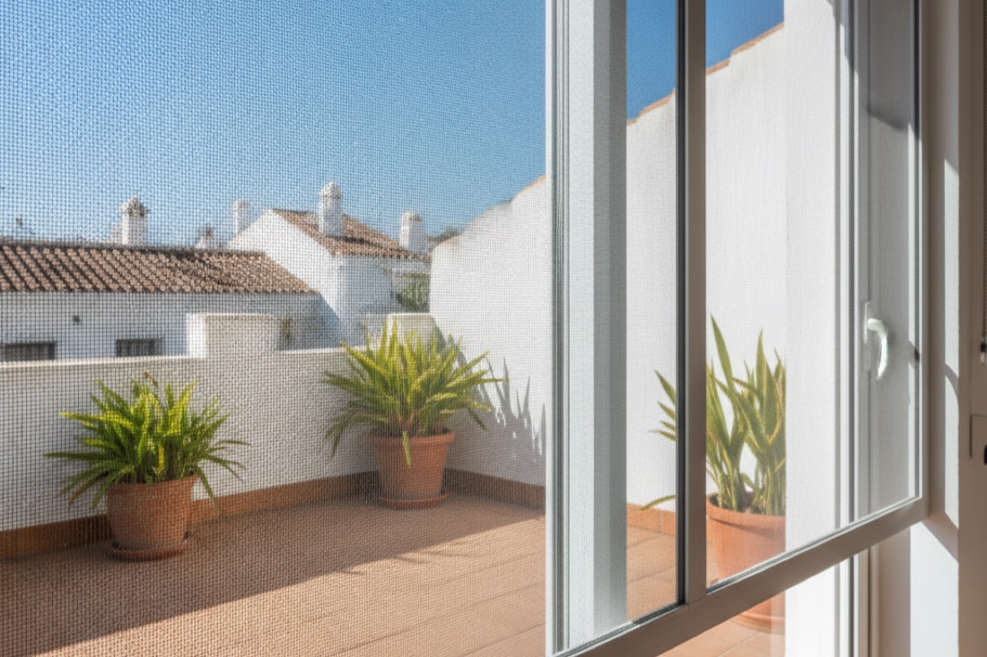 Mosquitera corredera con malla de fibra de vidrio en una puerta de balcón en Terrassa