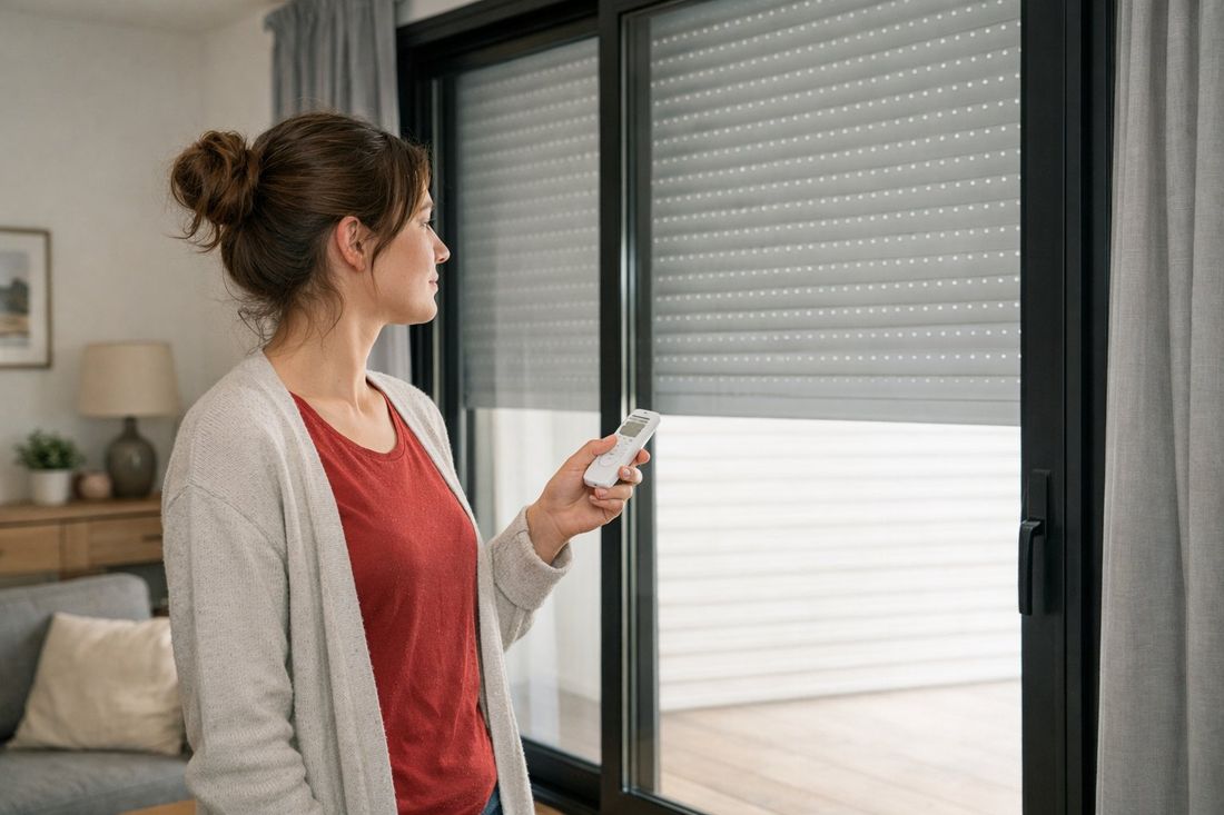Mujer accionando persiana motorizada con mando a distancia en salón de vivienda