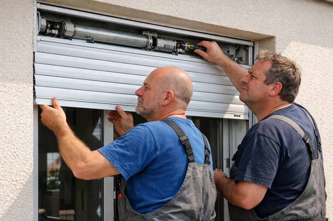 Técnicos reparando mecanismo y motor de persiana enrollable en fachada exterior