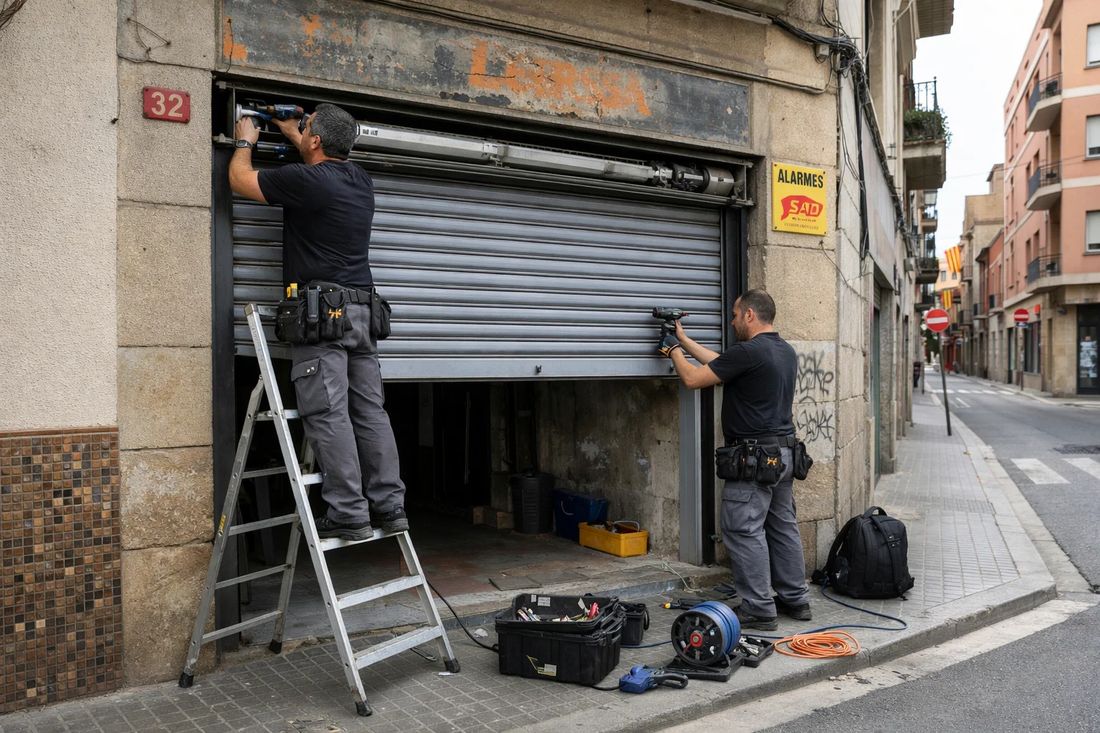 Dos técnicos reparando mecanismo de persiana metálica enrollable en fachada de local comercial